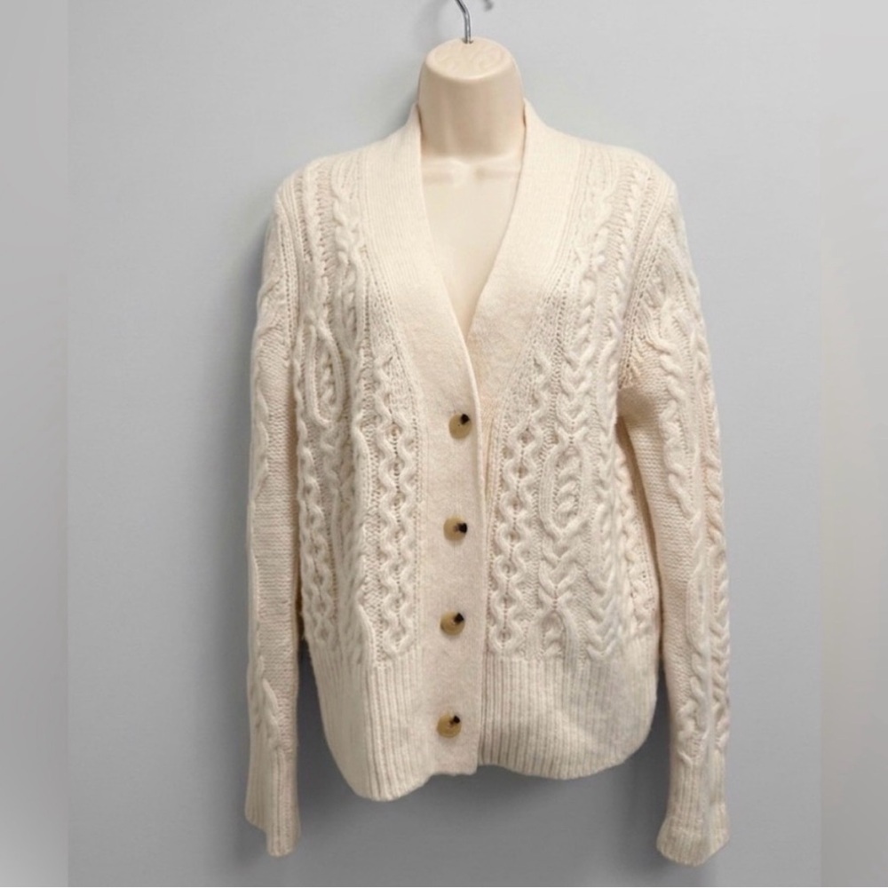 Vince Women's Off White Braided Cable Cardigan Wool Cashmere Sweater-Large- EUC